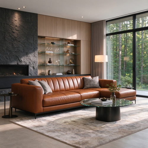 The sectional version in a room with a stone fireplace, timber wall, glass coffee table and forest view