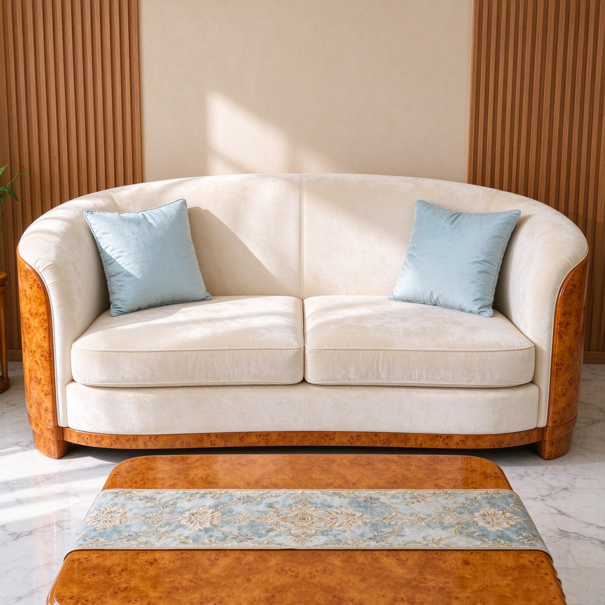 Cream velvet loveseat with curved arms, burl wood base trim and two blue velvet cushions, with a burl wood coffee table in front