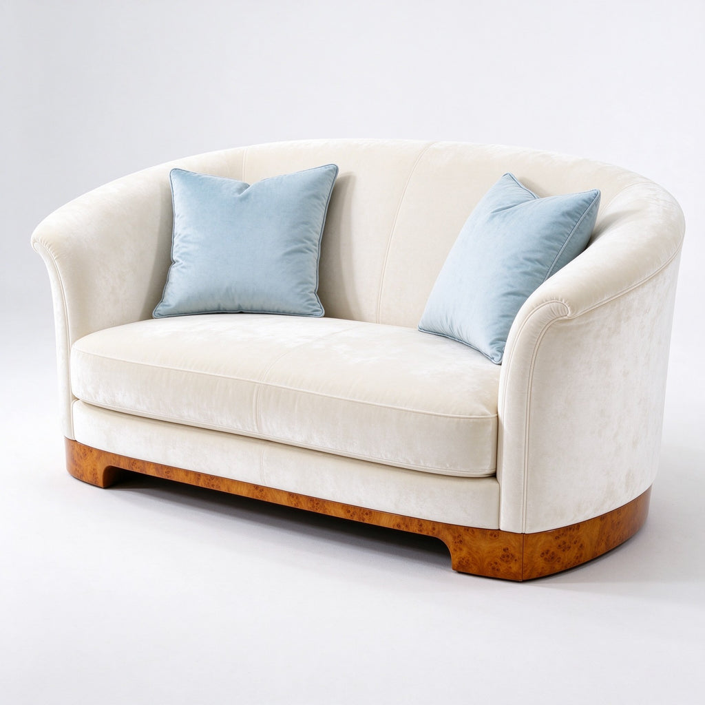 The cream velvet sofa with two light blue cushions on a white studio backdrop