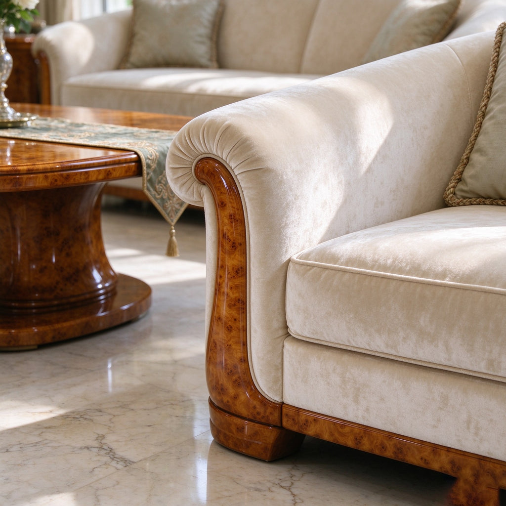 Close-up of the curved arm, burl wood plinth and velvet piping