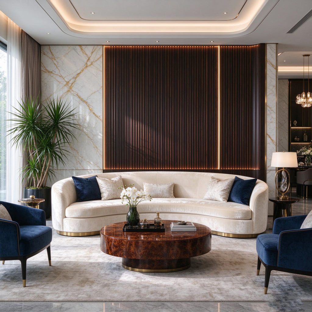 The sofa in a luxury room with a burl wood coffee table, navy accent chairs and marble walls
