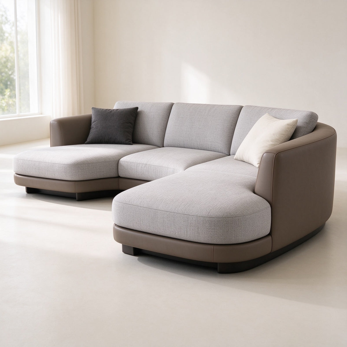Curved L-shaped sectional in light grey woven fabric with a left chaise and taupe leather-wrapped arms, photographed on a pale studio floor