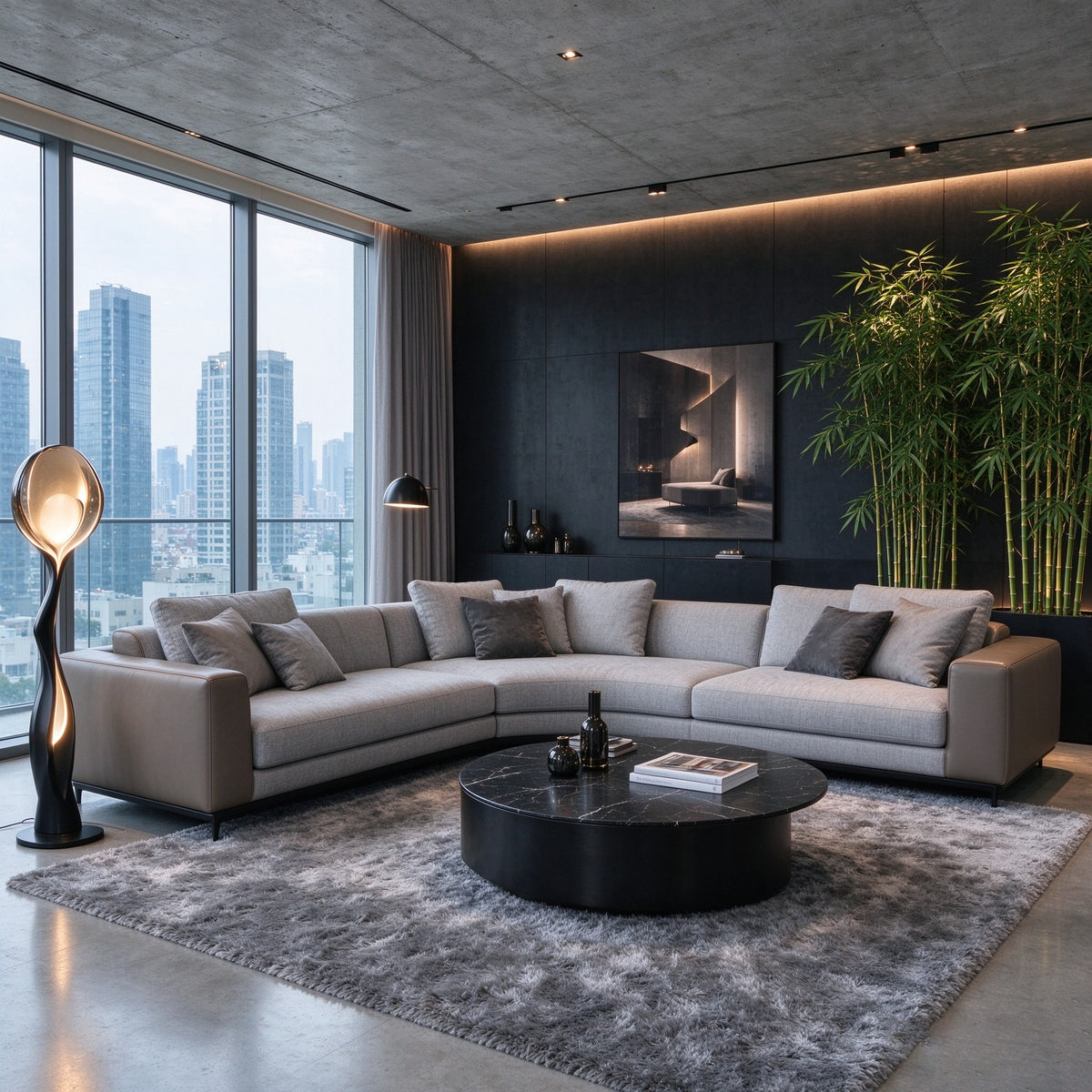 The sectional in a loft living room with floor-to-ceiling city windows, a dark accent wall, bamboo plants and a black round coffee table