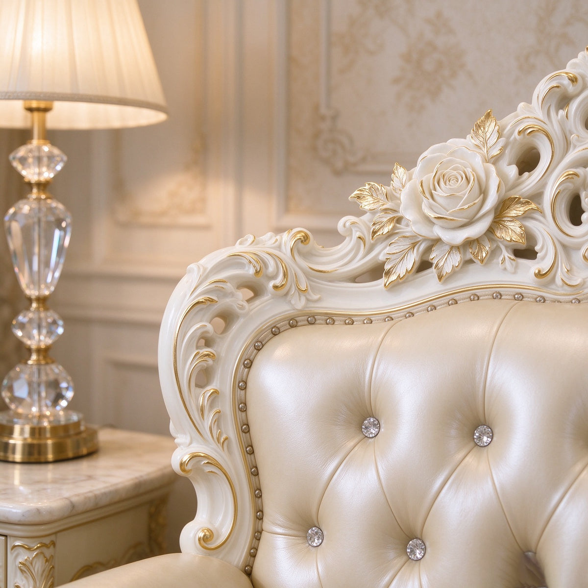 Close-up of the hand-carved ivory backrest with gold leaf rose motifs and crystal button tufting