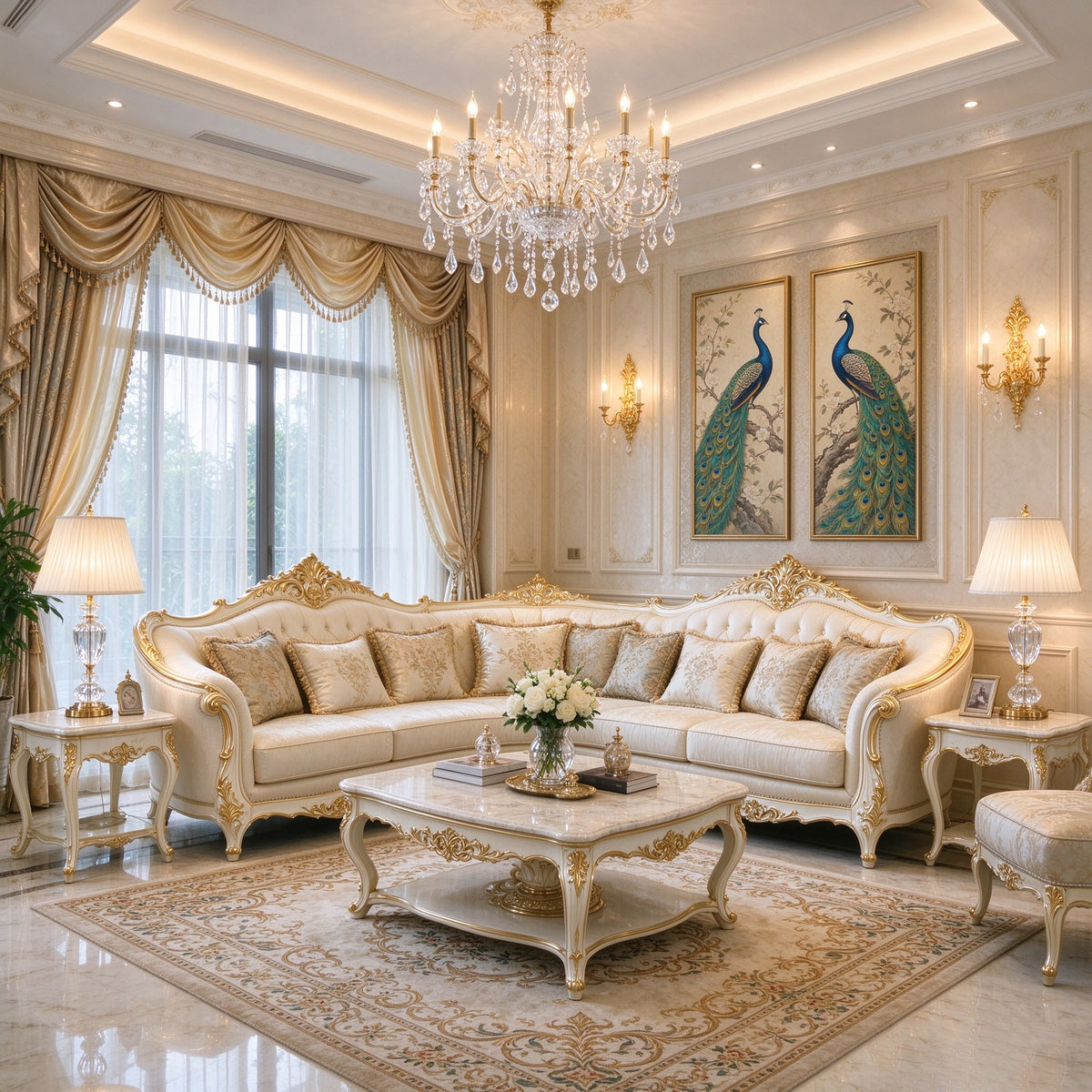 The corner sectional in a formal living room with a crystal chandelier, gilded sconces, peacock artwork and a marble coffee table