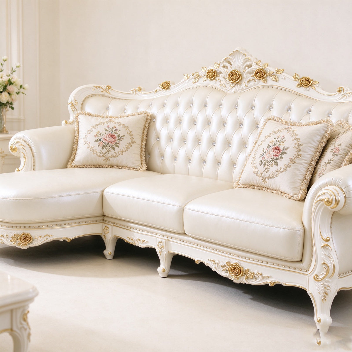 Three-seat view of the carved sofa with a rose crest, tufted cream leather and floral embroidered cushions