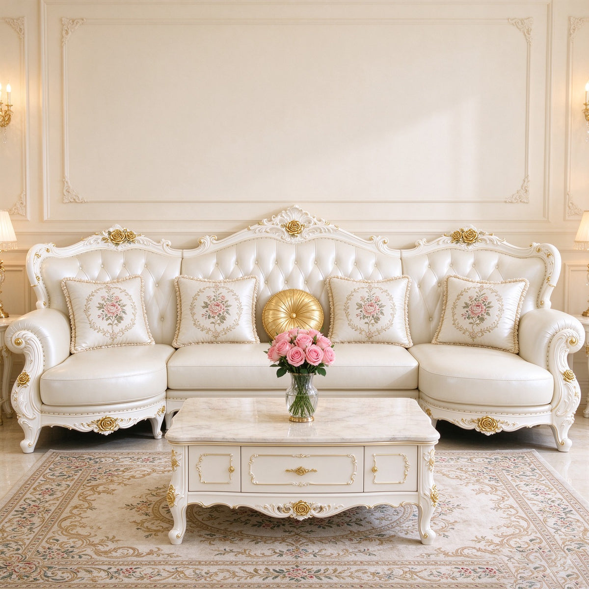 The sectional styled with pink roses, a marble-top coffee table and an ornate patterned rug